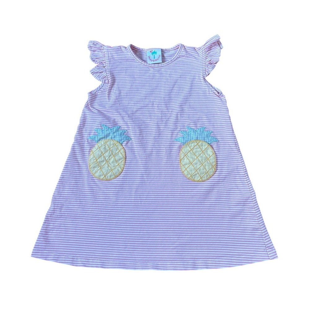 Shrimp & Grits‎ Kids Dress Girls Pink Striped Pineapple Flutter Sleeve SIZE 6